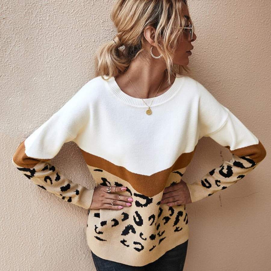 Autumn and Winter Ladies Sweater O-neck Casual Loose Knit Top Long Sleeve Fashion Leopard Sweater