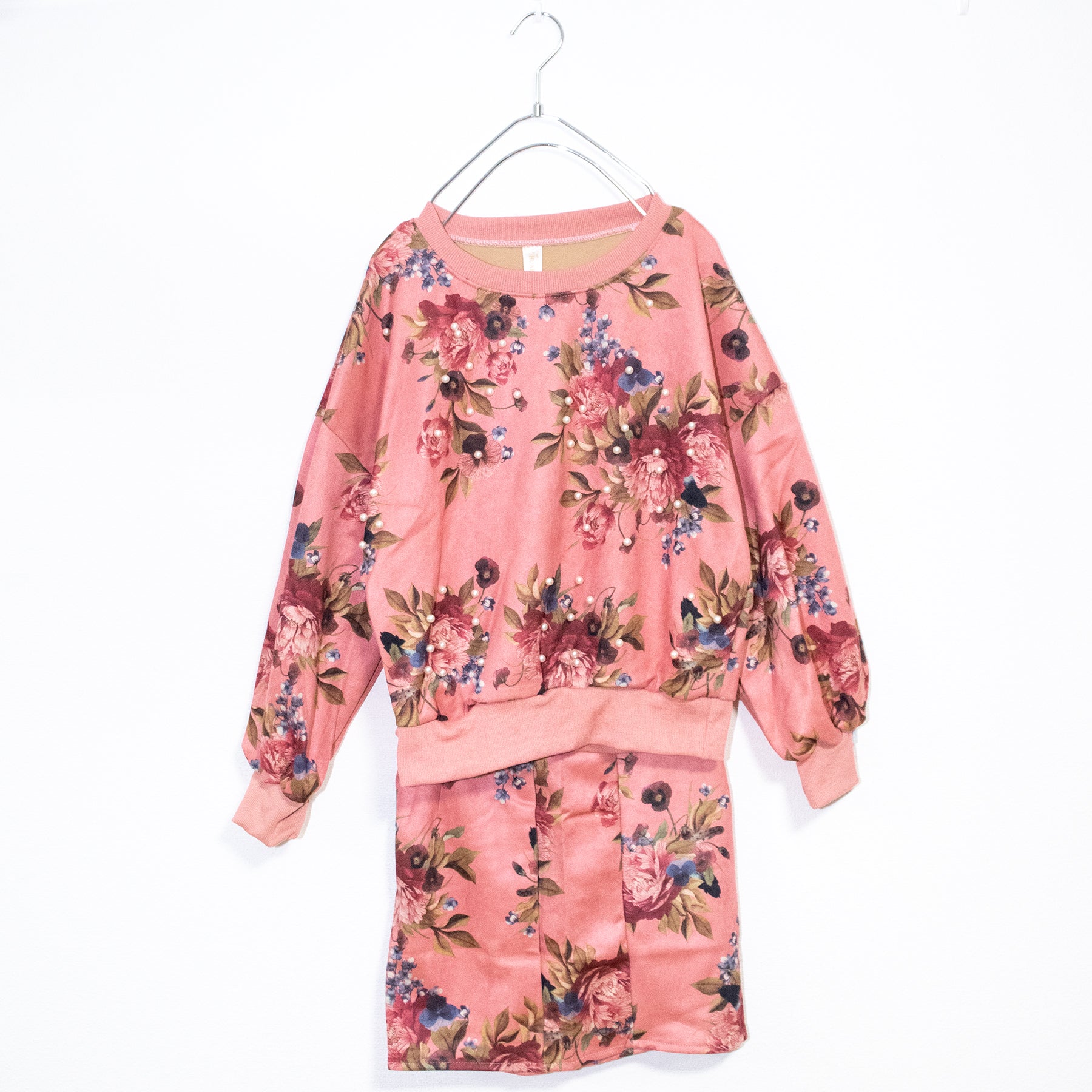 Flower Sweatshirt And Skirt Set (Pink)