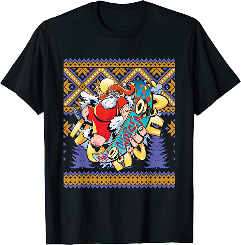 Ugly Christmas X-Mas Skater Skateboard Santa Claus New Year T-Shirt