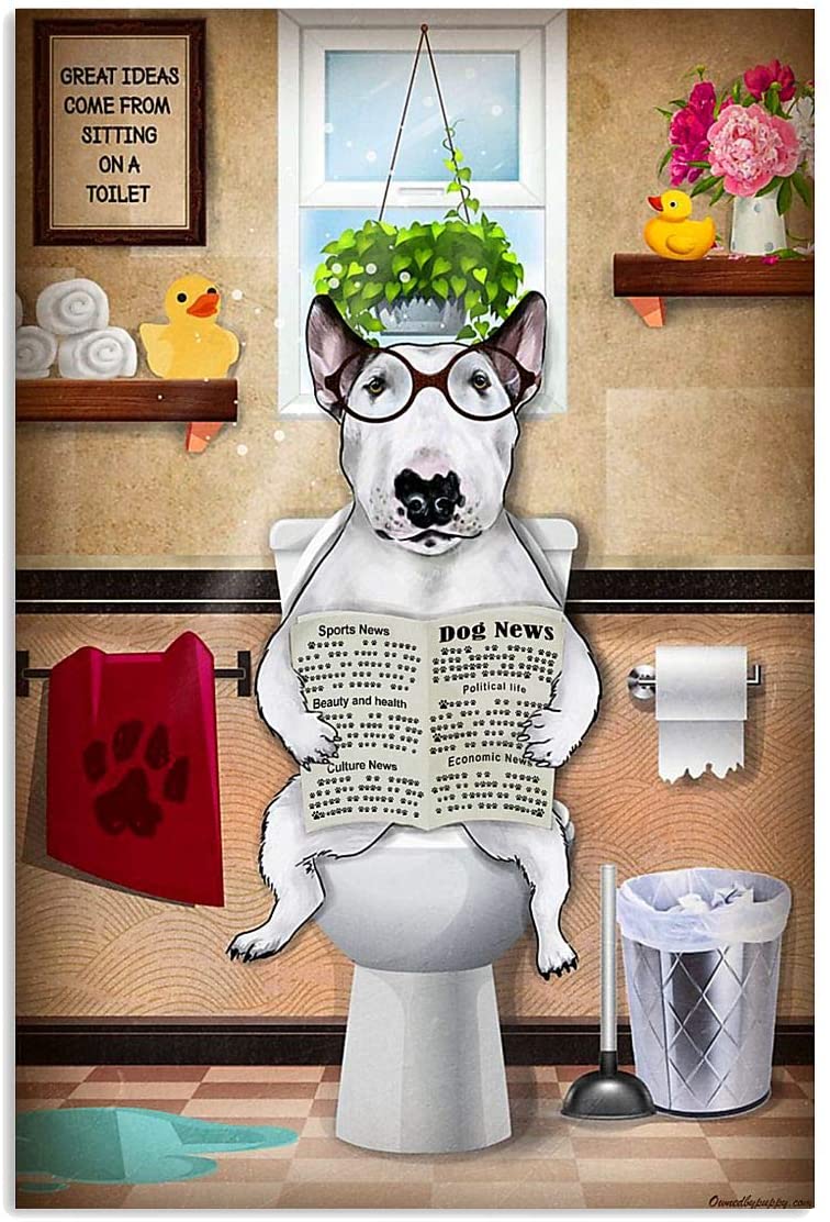 White Bull Terrier Puppy Sitting On The Toilet Poster Gift For Men Women, On Birthday Xmas, Art Print