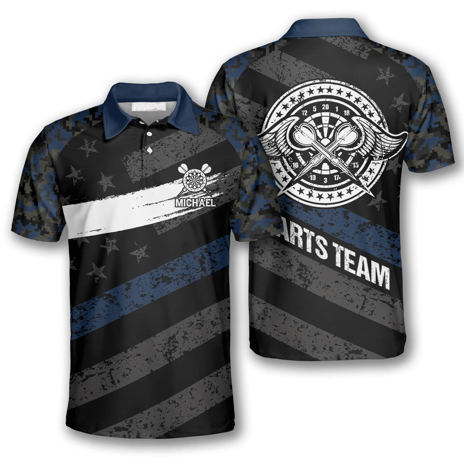 Passionate Blue Camo Custom Darts Shirts For Men, Personalized American Flag Dart Polo Shirt