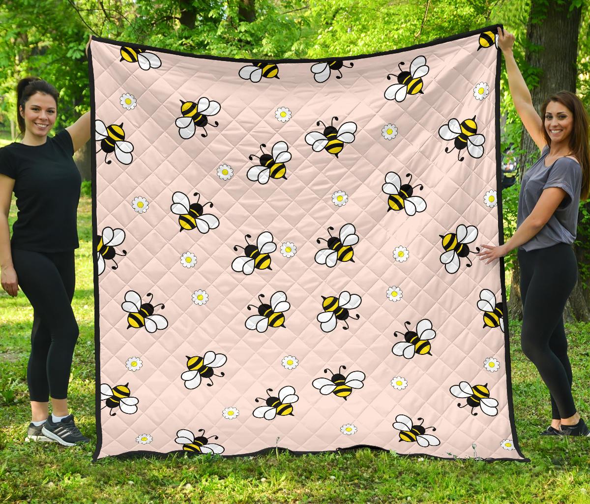 Cute Bee Flower Pattern Pink Background Premium Quilt