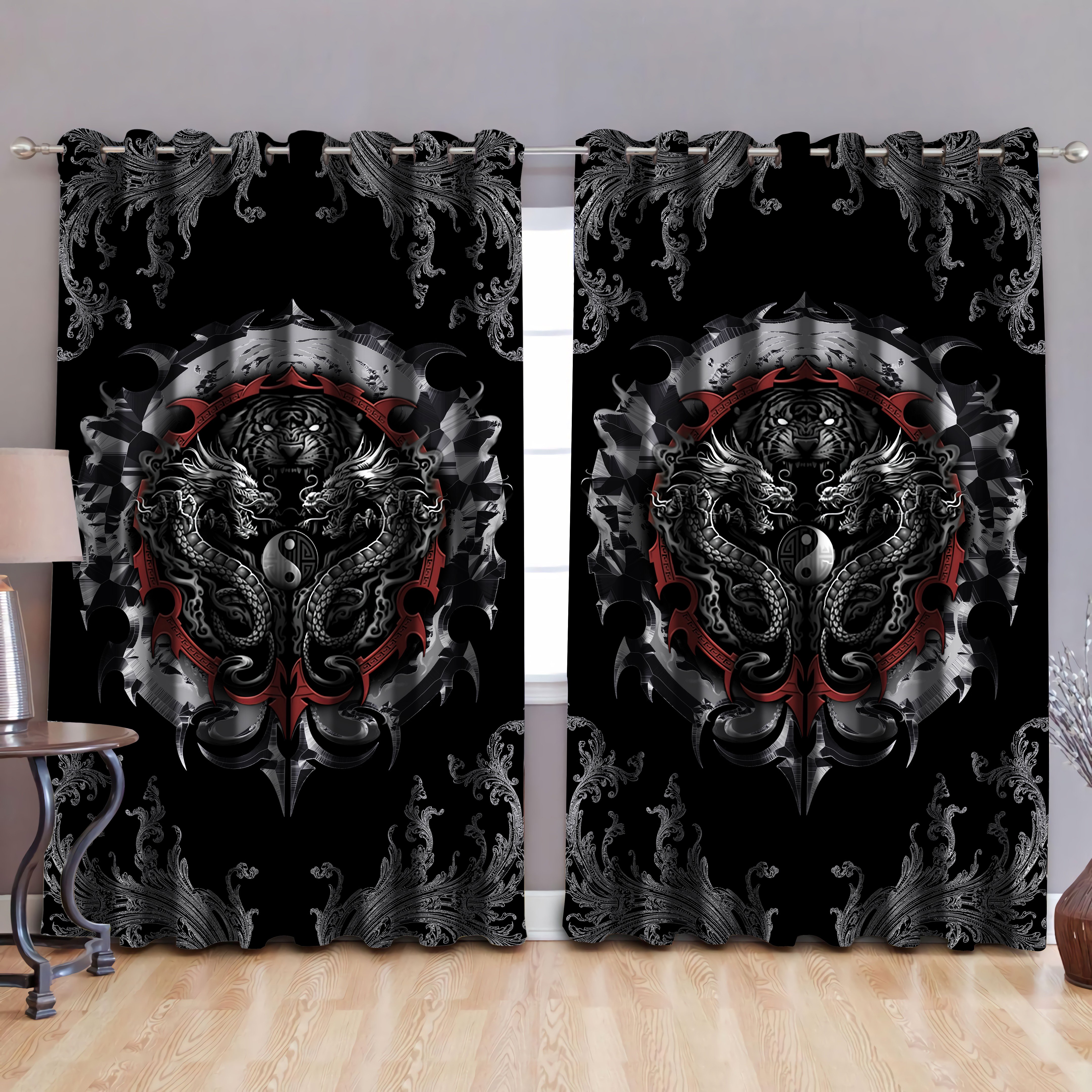 Dragon Tiger Yin And Yang Gothic Art 3D Printed Window Curtain-Ml