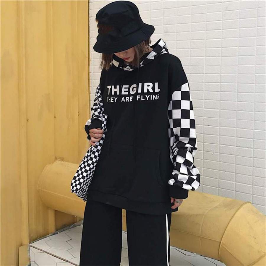 The Girl They Are Flying Sleeve Checkered Oversize Hoodie