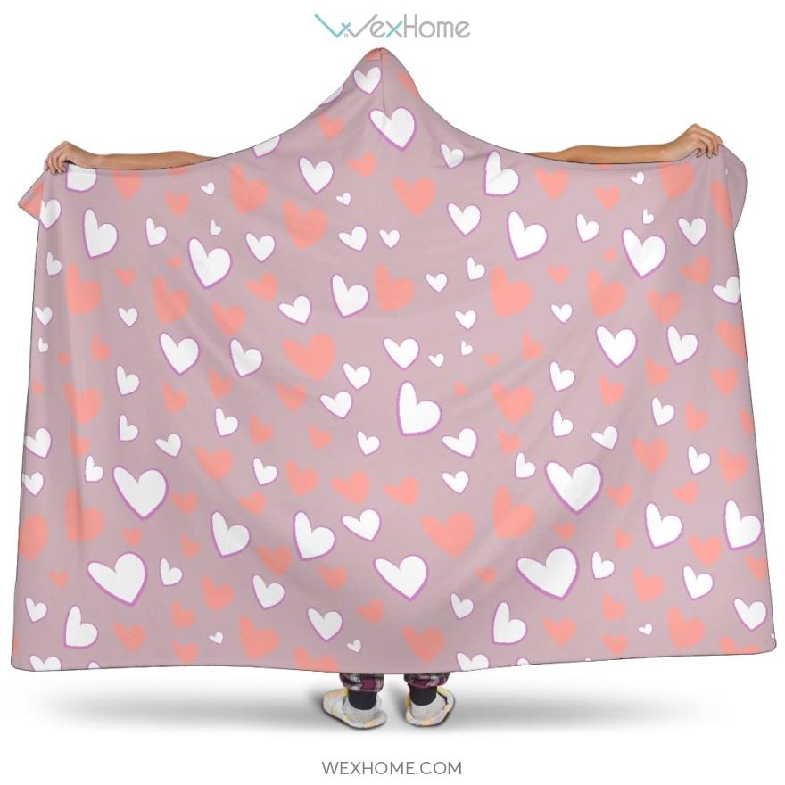 Coral White Heart Pattern Hooded Blanket