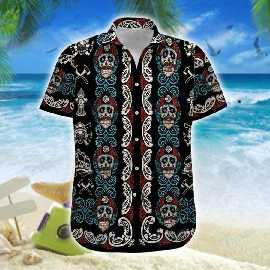 Skull Sugar Firefighter All Over Printed Hawaii Shirt Size S Ha79478