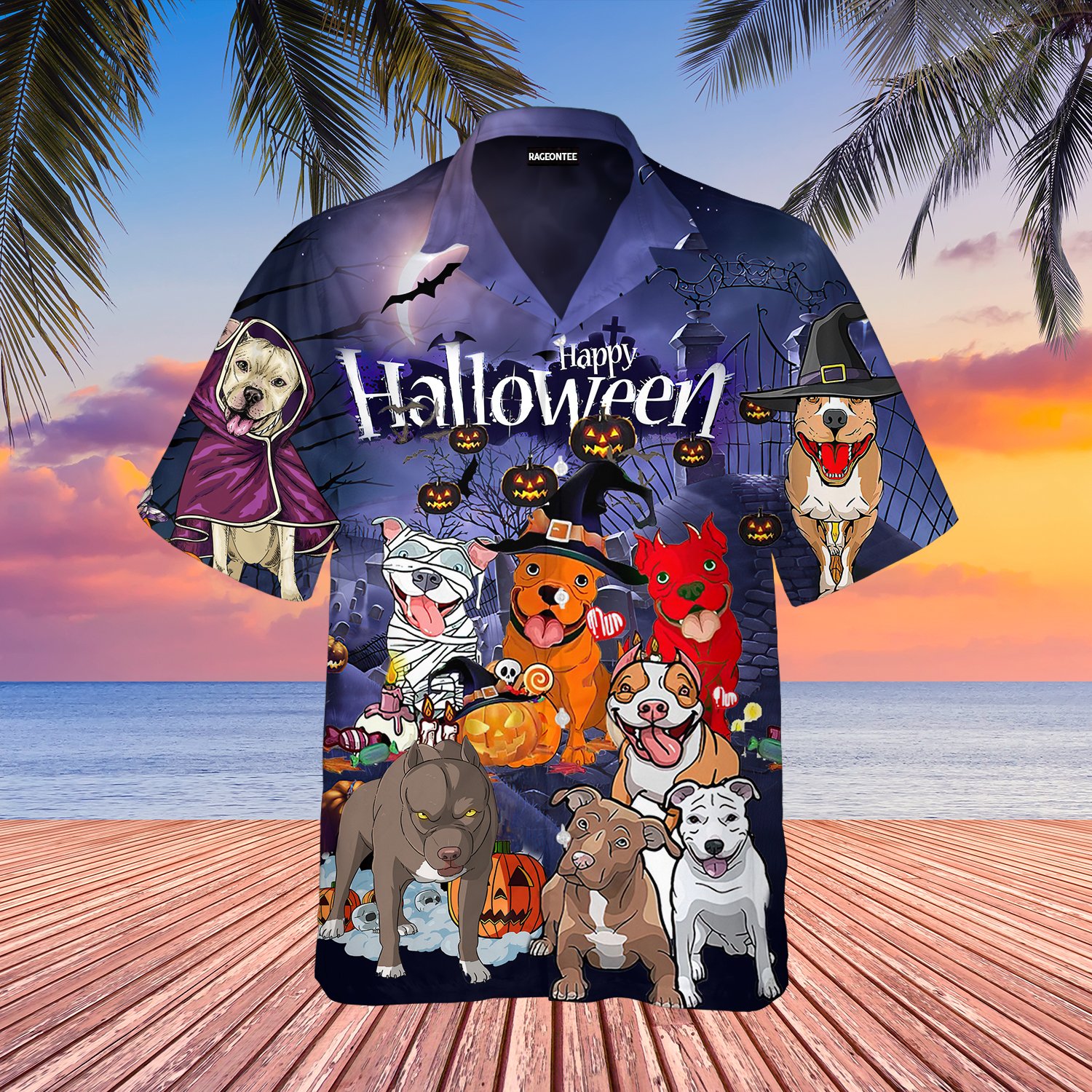 Funny Pitbull Dog Halloween Hawaii Shirt For Men Women Adult Ha7765