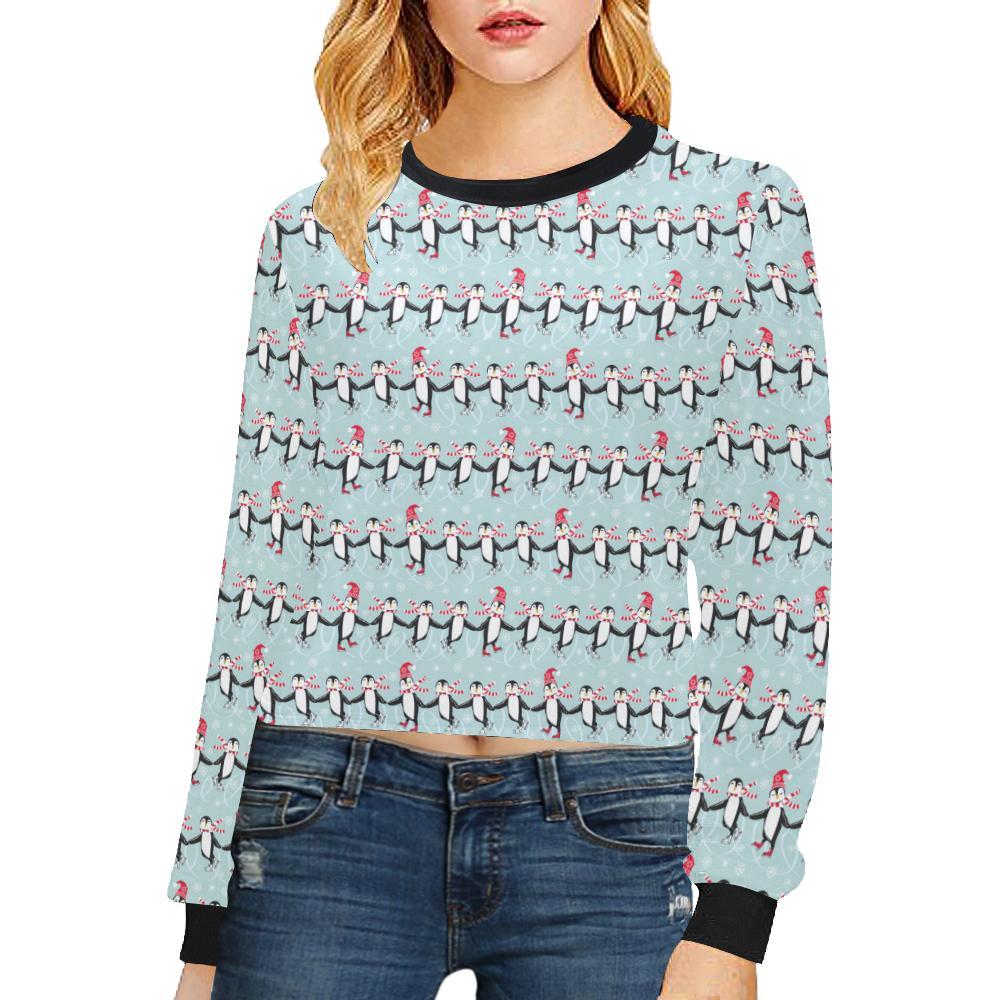 Penguin Sking Design Cropped Pullover Sweatshirt