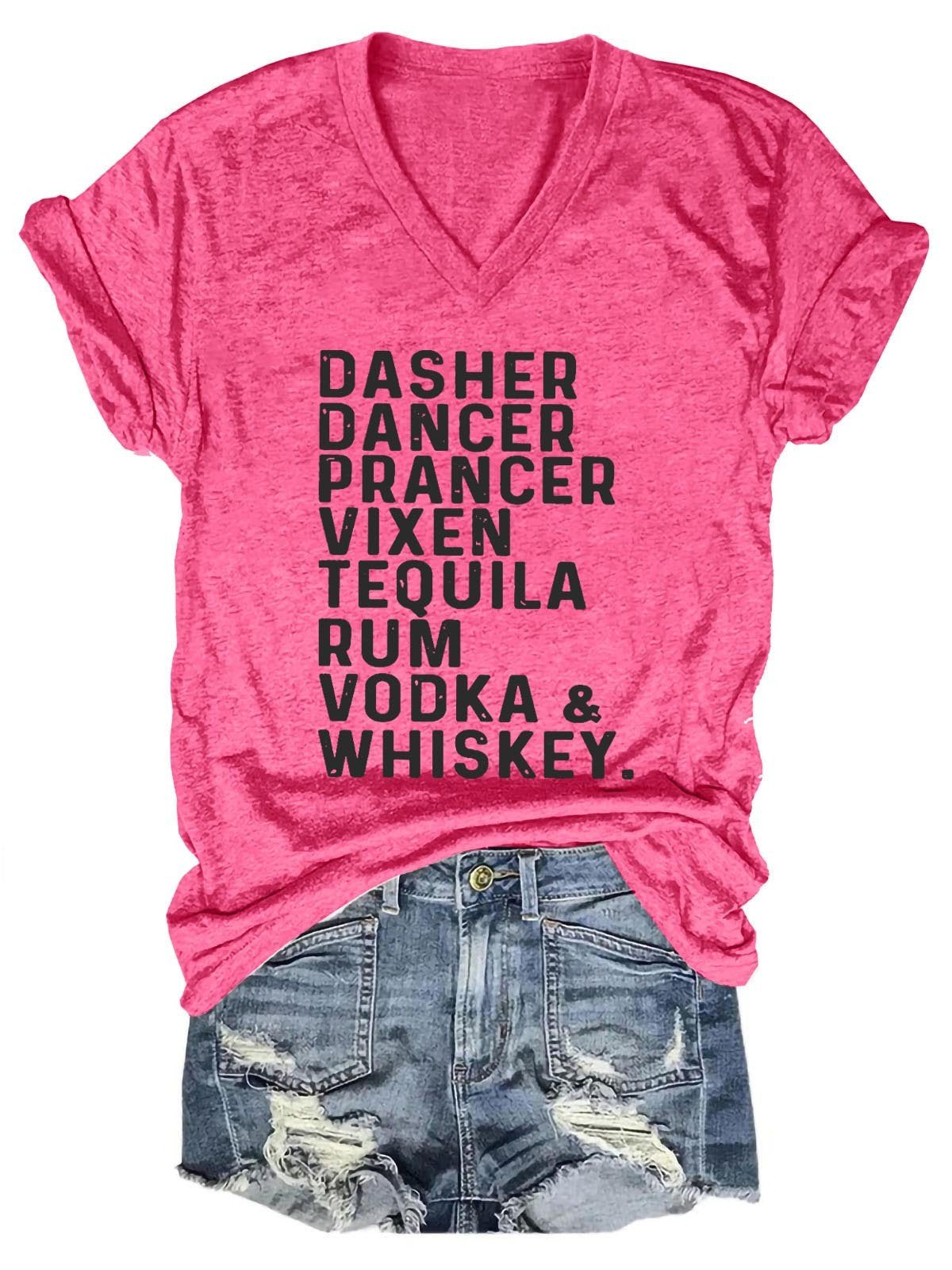 Women’S Dasher Dancer Prancer Vixen Tequila  Rum Vodka&Whiskey V-Neck T-Shirt