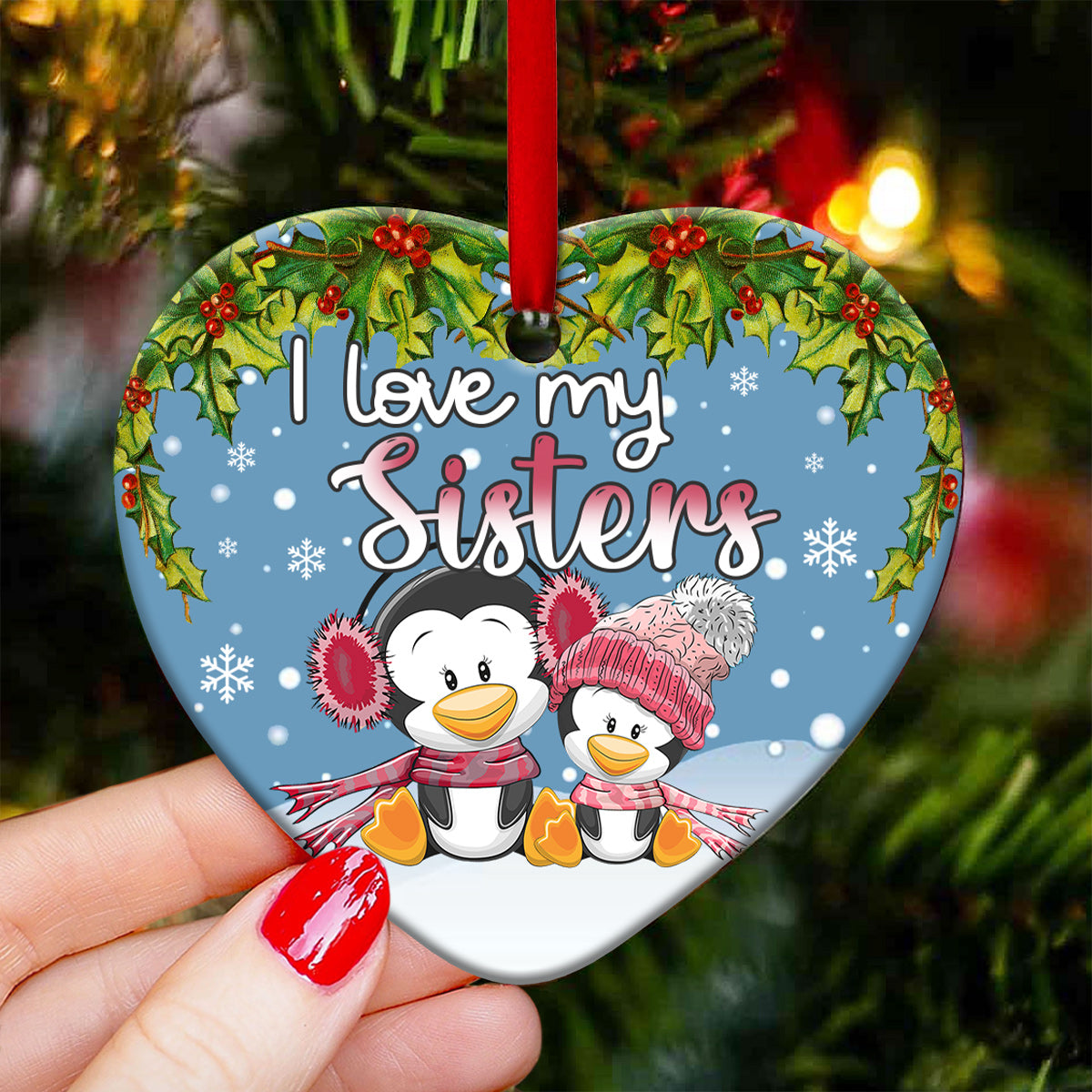 Penguin I Love My Sister – Heart Ornament