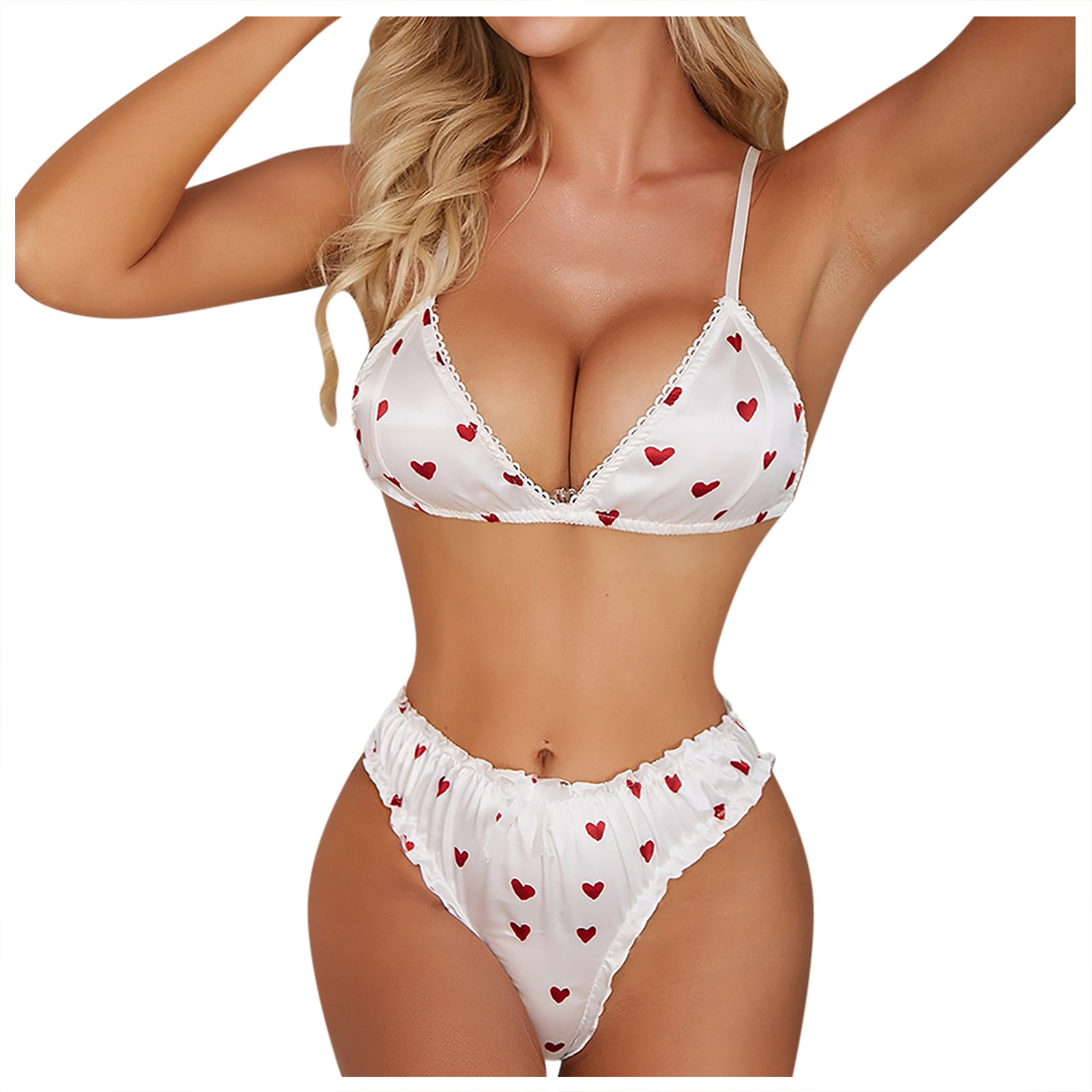 Women’s Underwear Ladies Sexy Temptation Lace Love Printed Bra Bow-Knot Thong Underwear Set Large Size Sensual Lingerie Woman alx