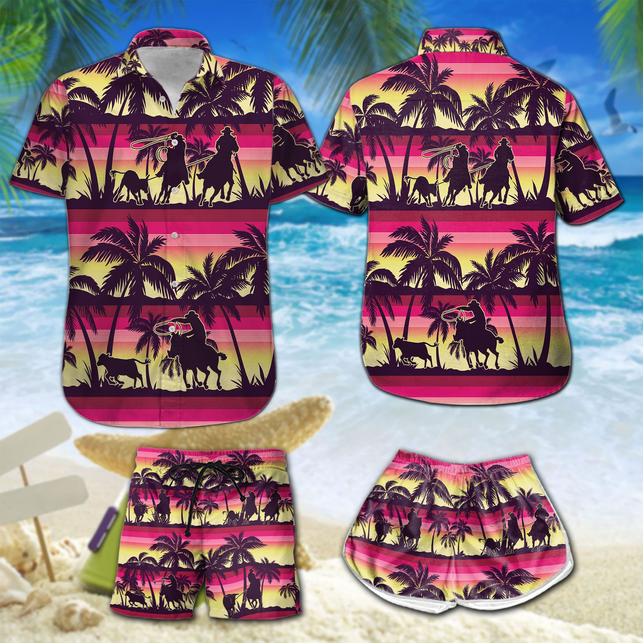 Palm Tree Team Roping Hawaii Shirt Hot Summer Holiday Ha103107