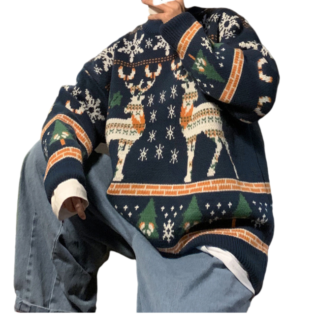 Christmas Sweater Men’s New Year Retro Deer Jacquard Loose O-Neck Sweater Winter New Trend Harajuku Couple Wear Sweaters Man alx