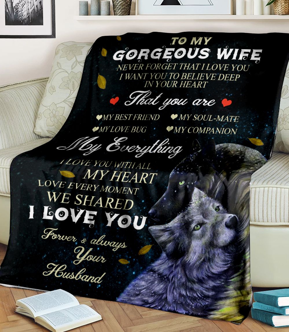 To My Gorgeous Wife I Love You Forever & Always Wolf Couple Fleece Blanket