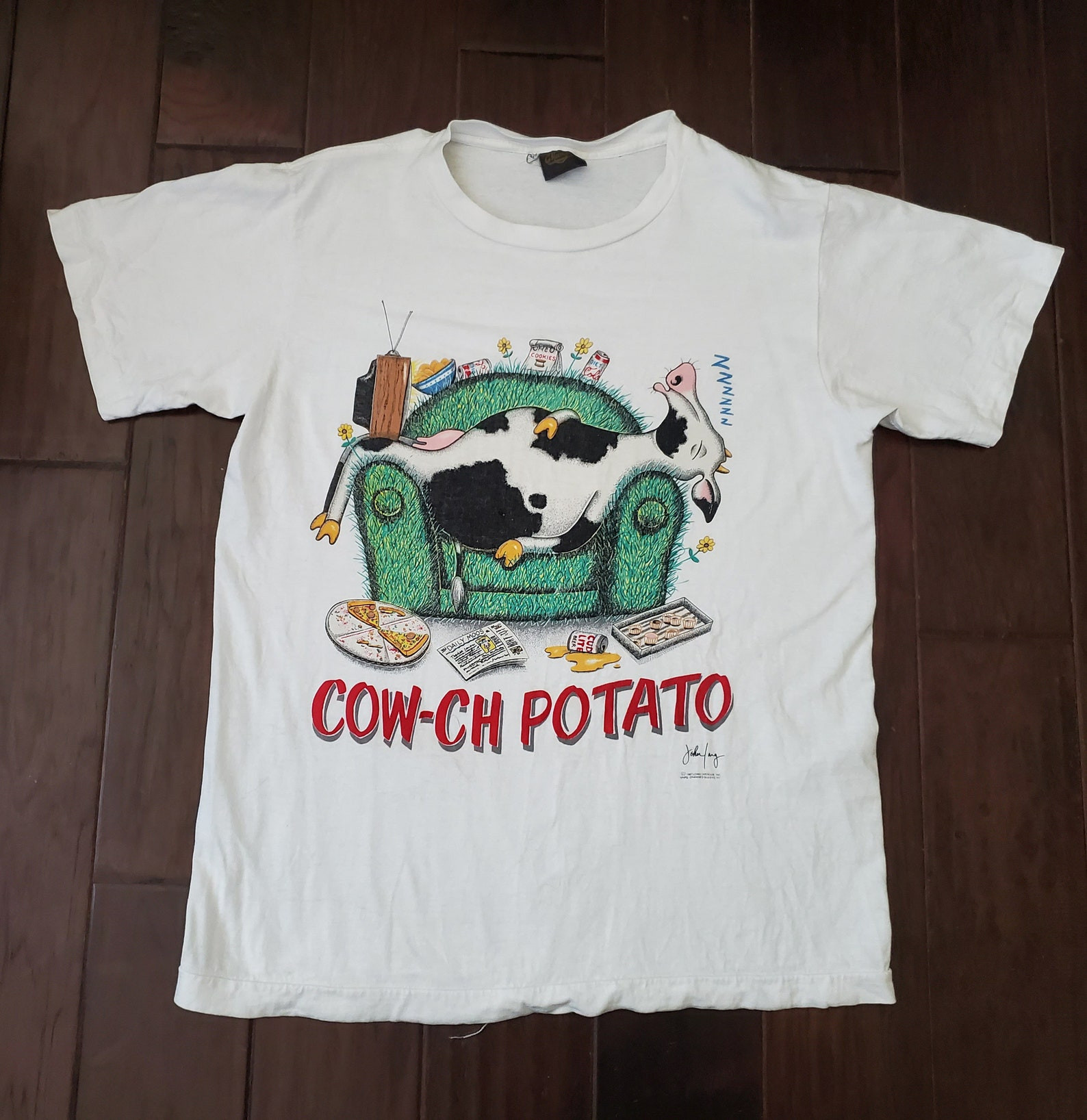 Vtg 80S Funny Cartoon Cow  Ch Potato Animal Hilarious Milk Drunk Cow Tee T Shirt