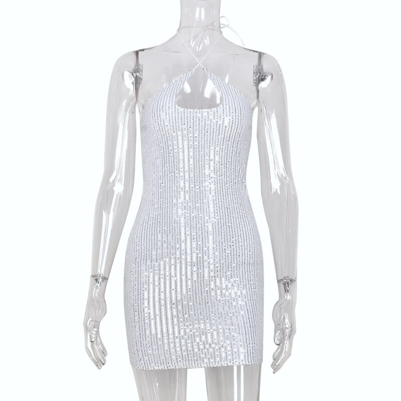 #3643 Silver Sequins Dress Women Sleeveless Sexy Halter Neck Collar Mini Dress Female Backless Camisole Bodycon Dress Party Club alx