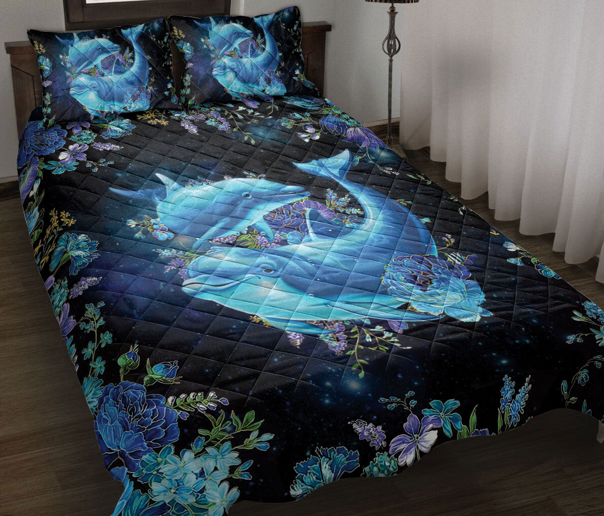 Dolphin Quilt Set, Dolphin Blue Floral Sea Ocean Quilt Blanket With Pillowcases, Quilt Bedding Set