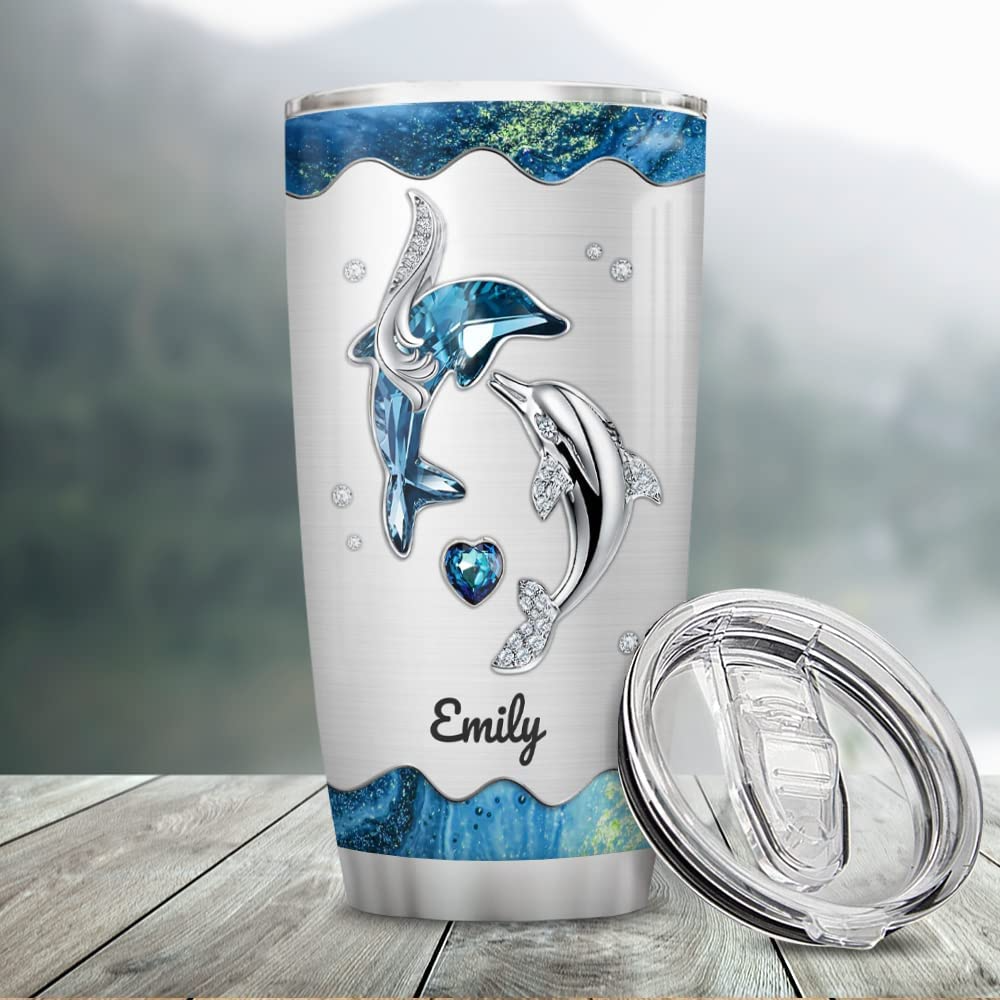 Wassmin Personalized Dolphin Tumbler Cup With Lid 20Oz 30Oz Custom Name Animal Stainless Steel Double Wall Vacuum Insulated Tumblers