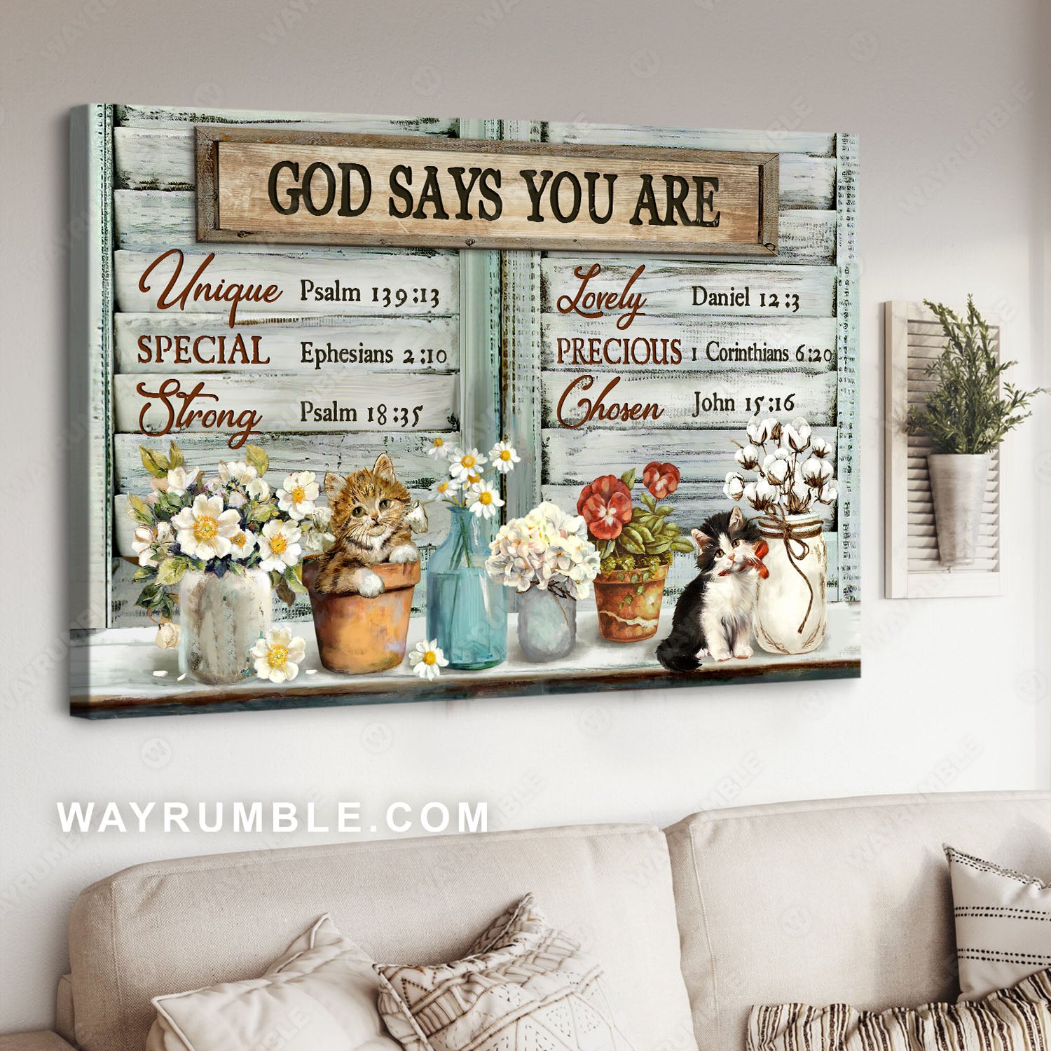 Kittens Drawing, White Camellia, Cotton Flower, Hydrangea, God Says You Are Unique – Jesus Landscape Canvas Prints, Christian Wall Art