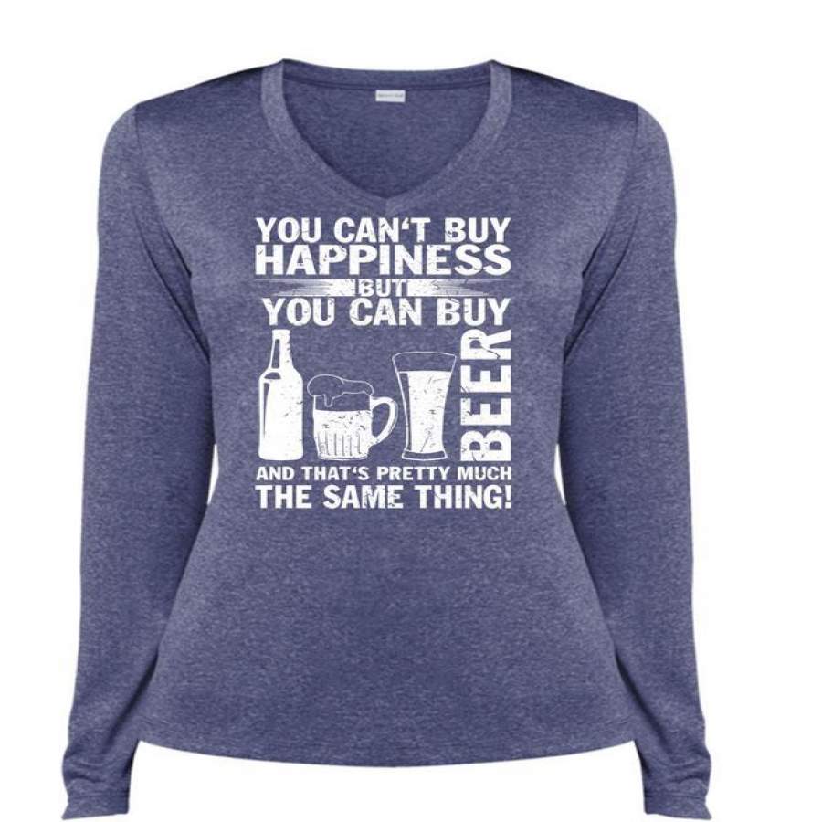 You Can’t Buy Happiness T Shirt, You Can Buy Beer T Shirt, Cool Shirt (Ladies LS Heather V-Neck)