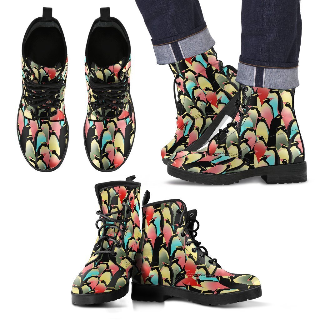 Colorful Penguin Pattern Print Men Women Leather Boots Fashion Boots Custom Shoes