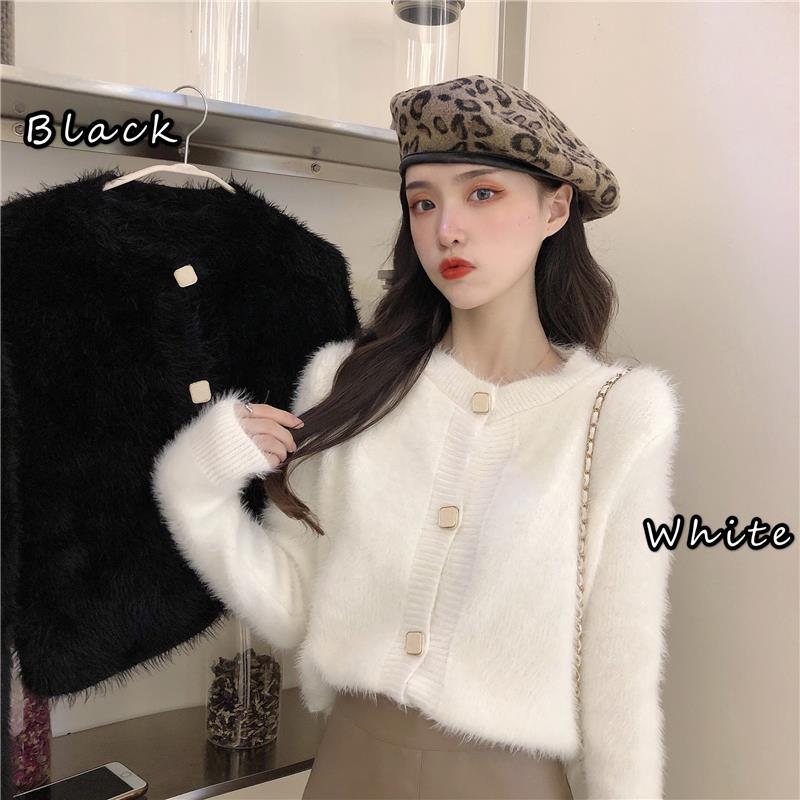 VmewSher New Chic O Neck Faux Mink Fur Knit Cardigan Mohair Sweater Coat Spring Autumn Short Furry Jacket Long Sleeve Crop Tops alx