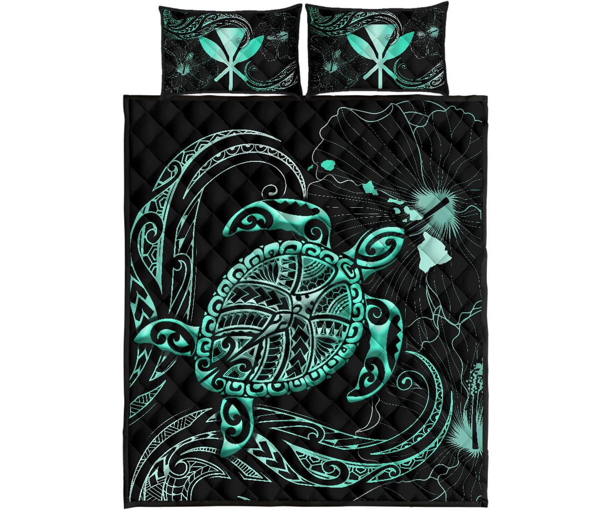 Alohawaii Home Set – Quilt Bed Set Kanaka Maoli Hawaiian Map – Turtle Polynesian Hibiscus Turquoise K4