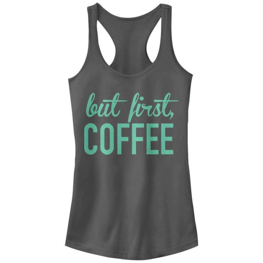 CHIN UP Junior’s First Coffee  Racerback Tank Charcoal