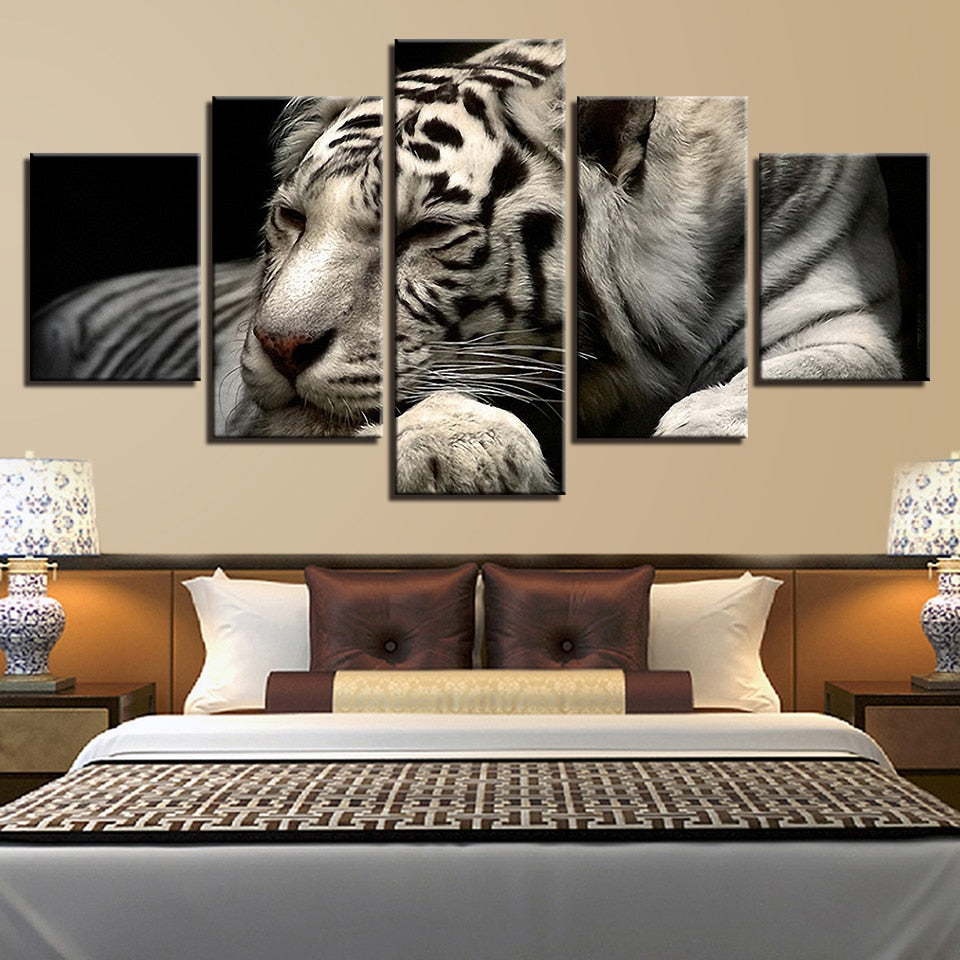 White Tiger 5 Piece Hd Multi Panel Canvas Wall Art Frame