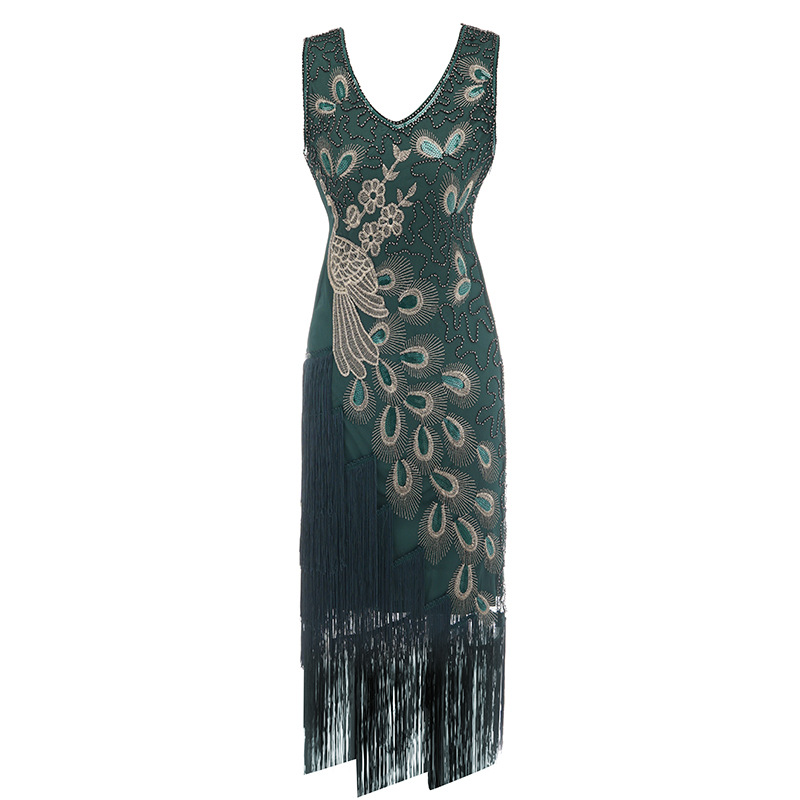 1920s Gatsby Sequin Fringed Paisley Flapper Dress with 20s Accessories Set Plus Size (Green) alx