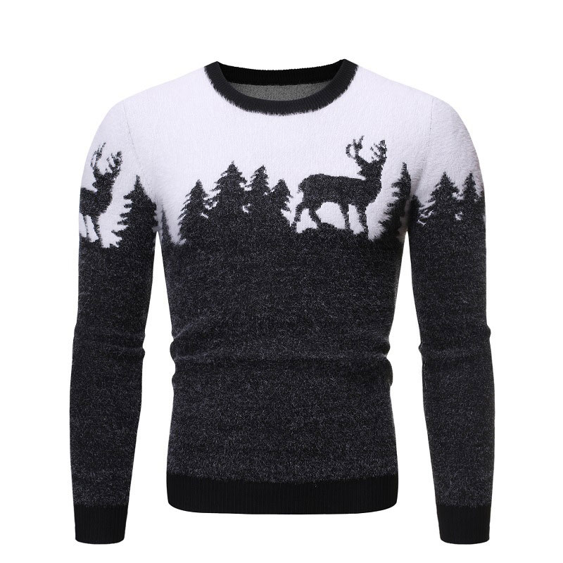 Warm Thin Casual Slim Fit Pullover Reindeer Pattern O-neck Wool Knitted Cotton Sweaters for Men Autumn Winter alx