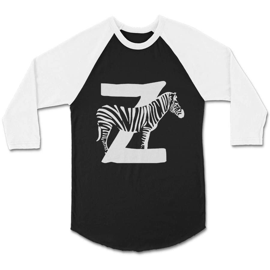 Zebra Letter Z Alphabet Animal CPY Unisex 3/4 Sleeve Baseball Tee T-Shirt