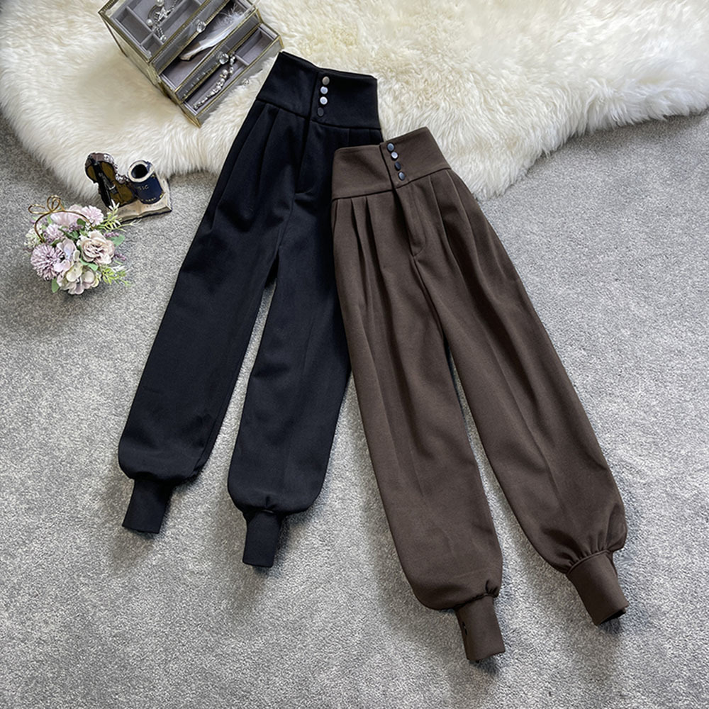 Spring Autumn Women Long Casual Harem Pants Korean Style Fashion High Waist Buttons Khaki Black Cargo Trousers alx