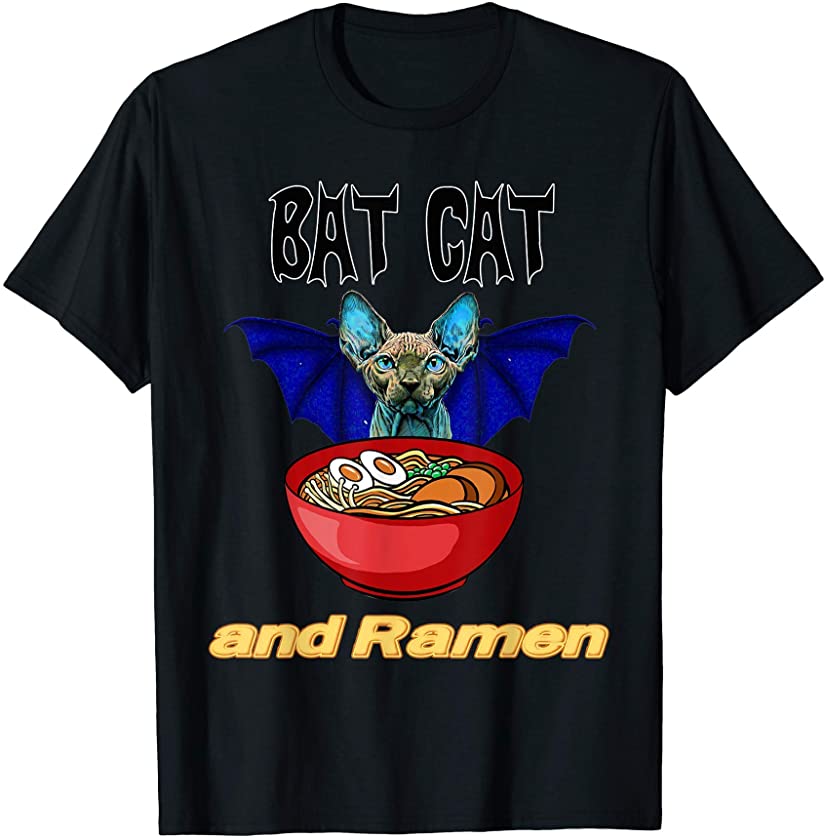 Bat Cat & Ramen Funny Sphynx Hairless Bald Kitten Noodle T-Shirt