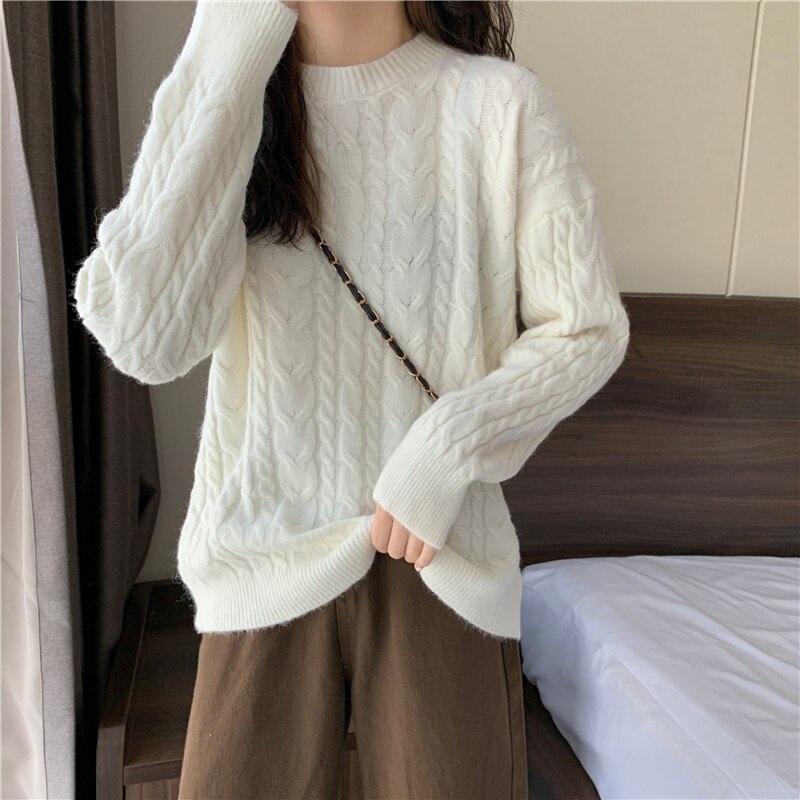 Winter Long Sleeve Solid Twisted O-Neck Knitted Sweater Women Orange White Baggy Versatile Knitwear Pullover Jumper Top alx