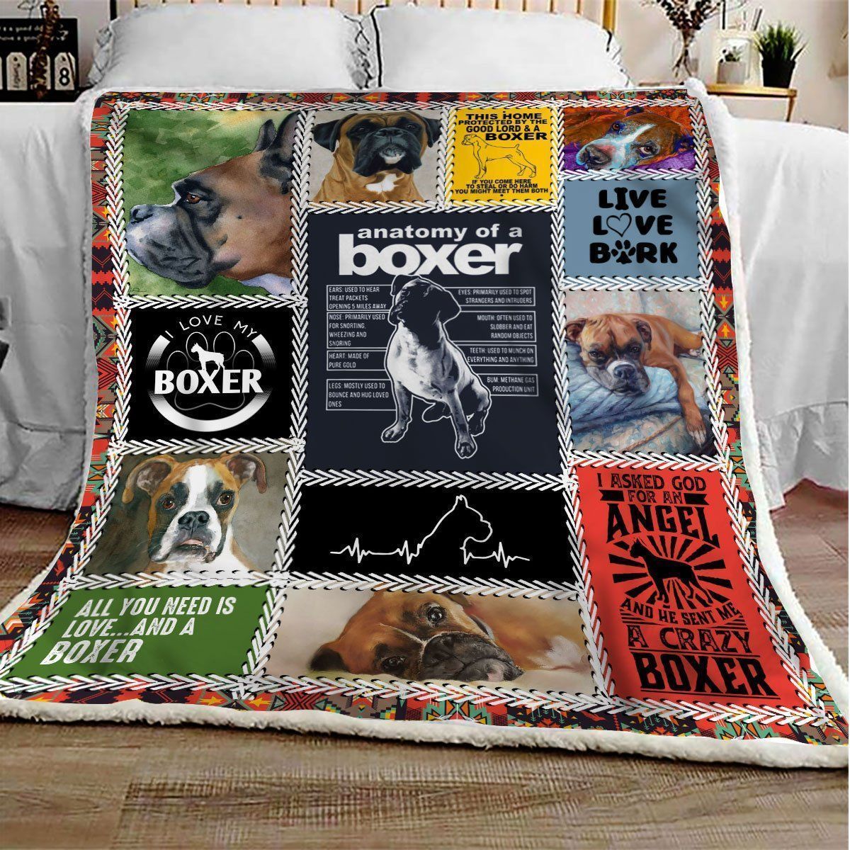 [Personalized Name] Boxer Live Love Bark Funny Dog Pattern Fleece Blanket, Sherpa Blanket, Gift For Aunt Gift For Parent, Family Member, Friends Gift, Christmas Gift, Home Decor, Home Living