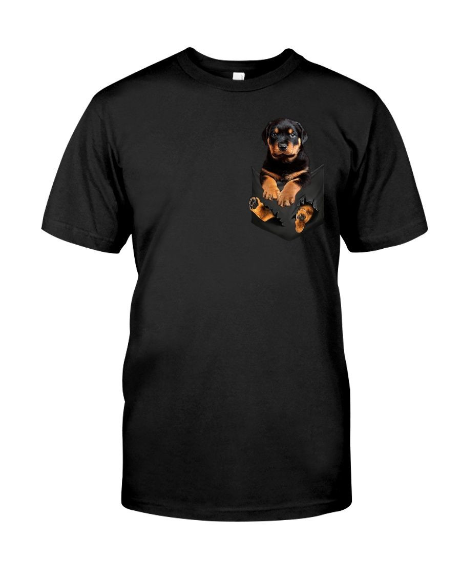 Cute Lovely Black Rottweiler Puppy In Pocket Tshirt Gift For Rottweiler Lovers Dog Lovers Tshirt