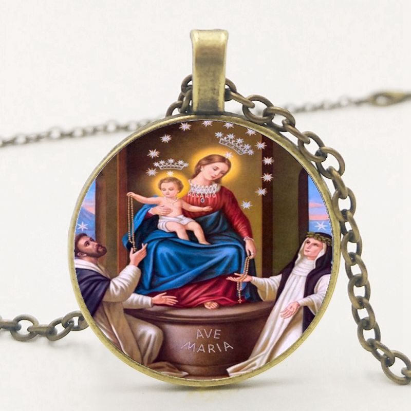 Catholic Mary Maria Rose Madonna Festival Pendant Necklace Glass Necklace Necklace Sweater Chain alx