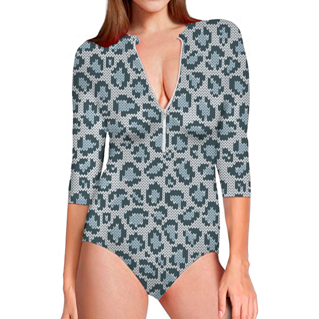 Snow Leopard Knitted Pattern Print Long Sleeve One Piece Swimsuit