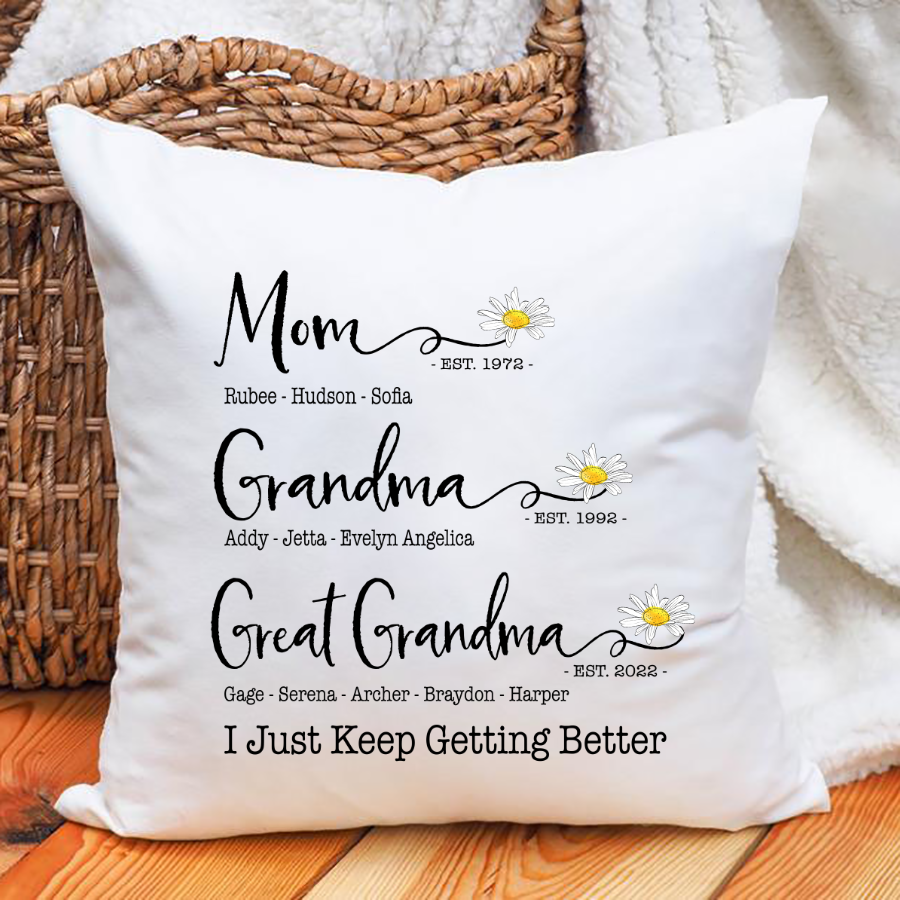 Mom Grandma Great Grandma Flower I Just Keep Getting Better Indoor Pillow