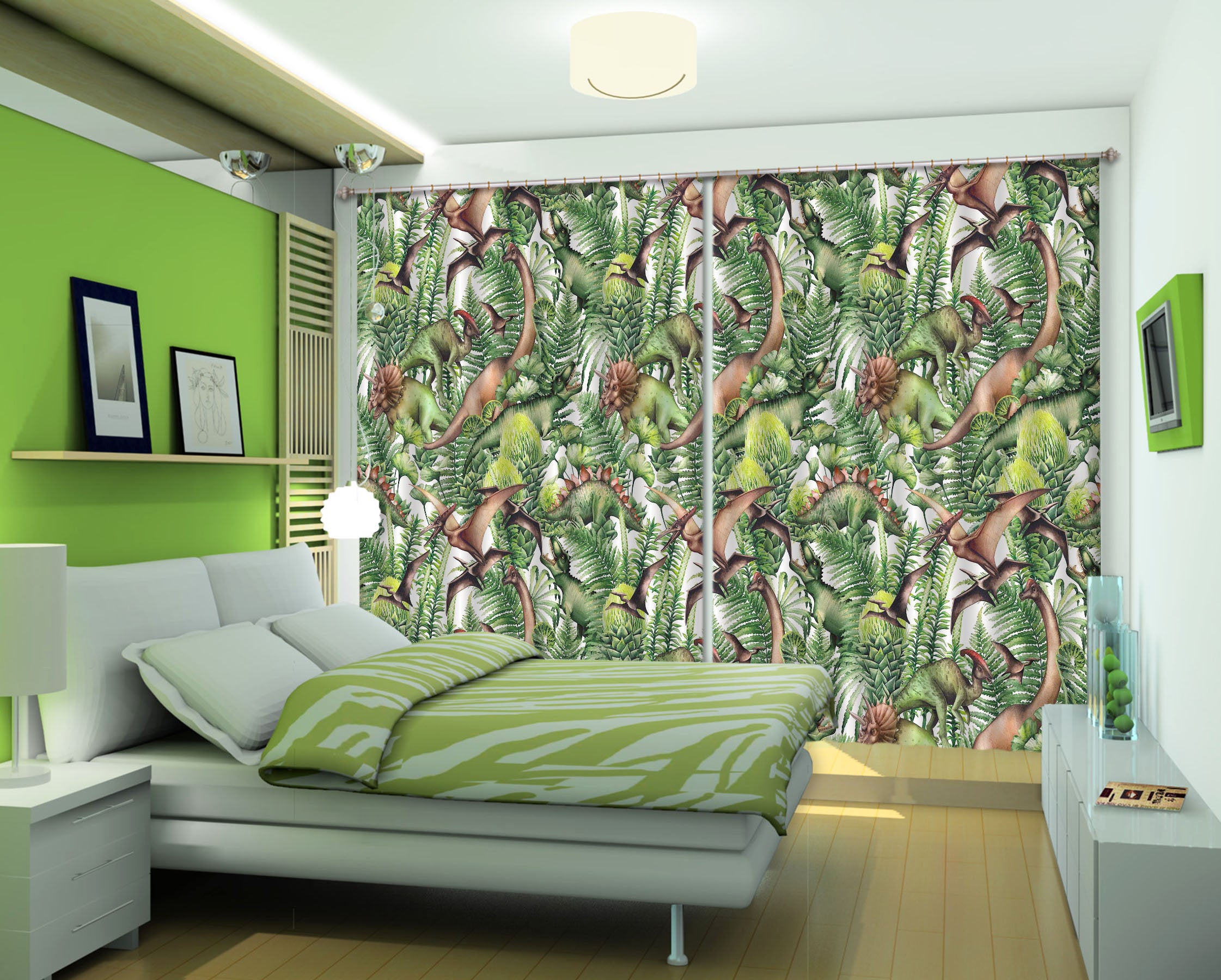 3D Dinosaur With Leaves C050 Blockout Photo Curtain Print Curtains Drapes Fabric Window | 3D Large Photo Curtain, Jess Art Decoration Wallpaper