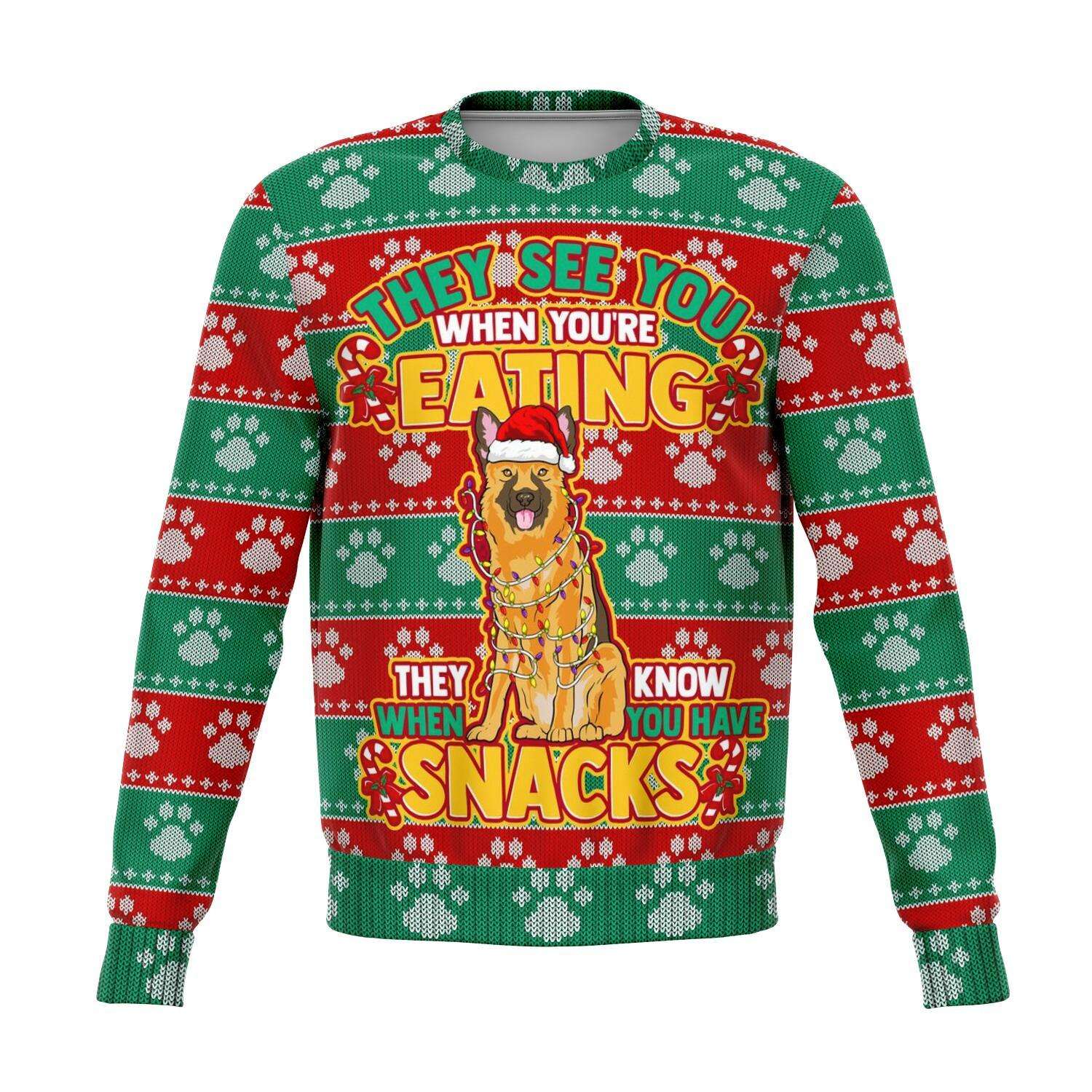 They See You When Your Eating Snacks German Shephard – 3D Ugly Christmas Holiday Fashion Sweatshirt