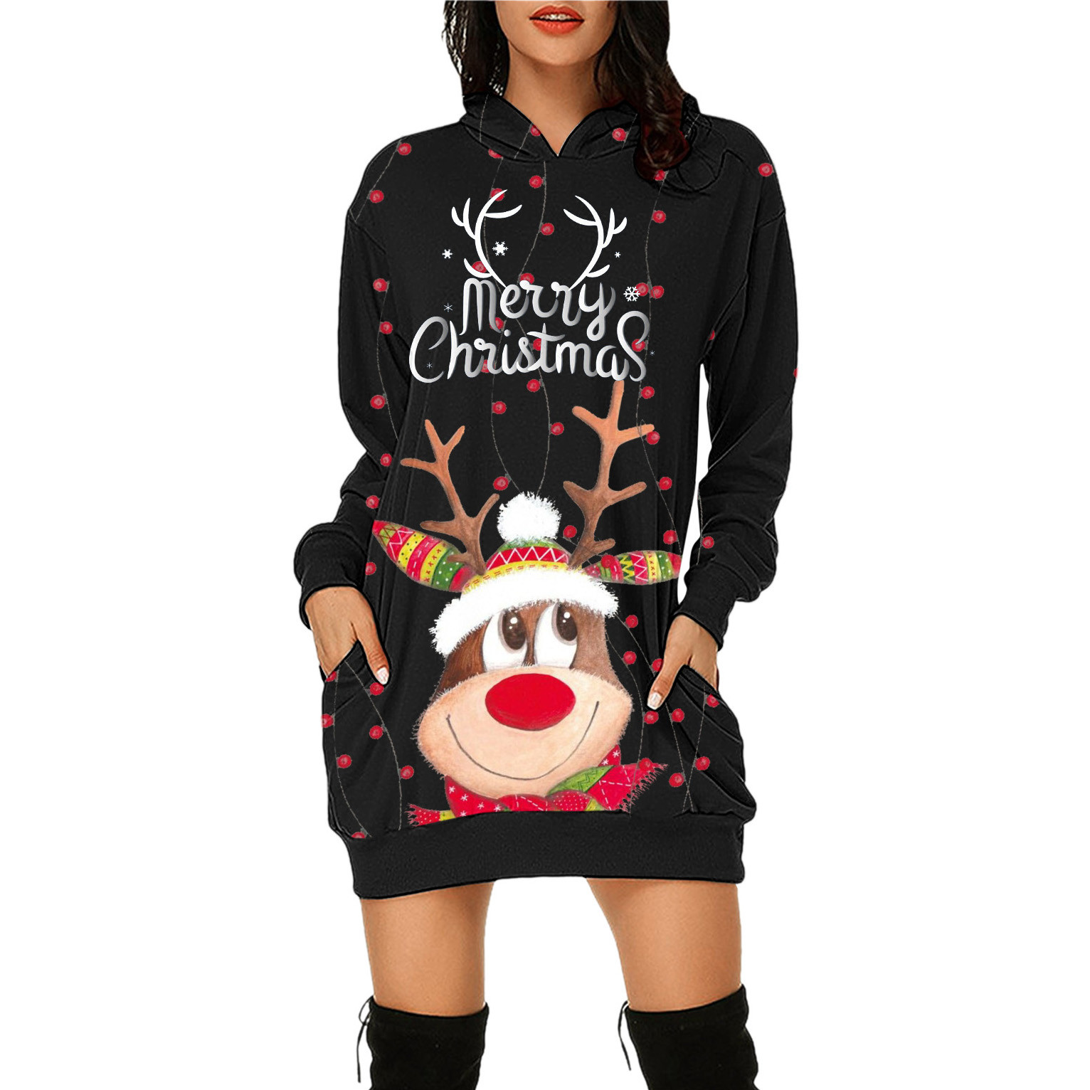 Women Fashion Casual Merry Christmas Hoodies Prints Bag Hip Pocket Long Sleeves Hoodies Sweatshirts Dress With Pockets Vestidos alx