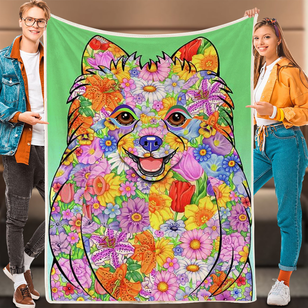 Dog Blanket For Couch – Flowers Pomeranian – Dog Blankets – Dog Throw Blanket – Dog Painting Blanket – Furlidays