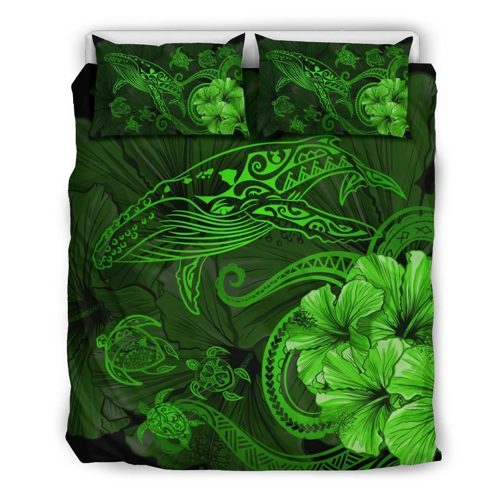 Alohawaii Bedding Set – Cover And Pillow Cases Hawaiian Hibiscus Whale Turtle Dance Polynesian – Green – Ah J9