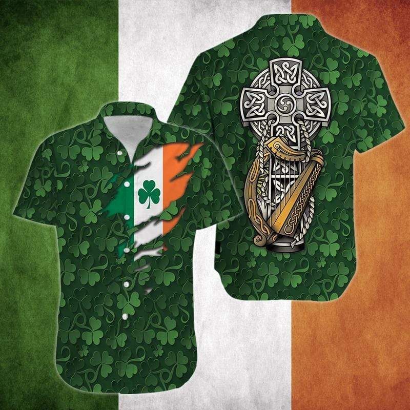 Discover Cool The Celtic Cross Harp Irish Proud Ireland Patrick Day Green Hawaii Shirts Ha59118