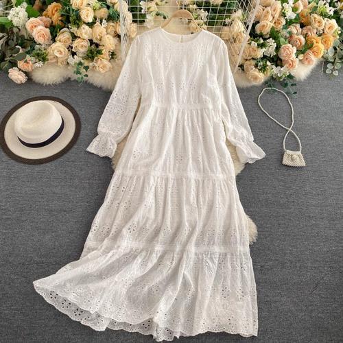 Vacation Round-collar Hollow Lace Dress Woman White Oversized Long Sleeve Elegant Maxi Dresses Woman Yellow Vestido De Mujer alx