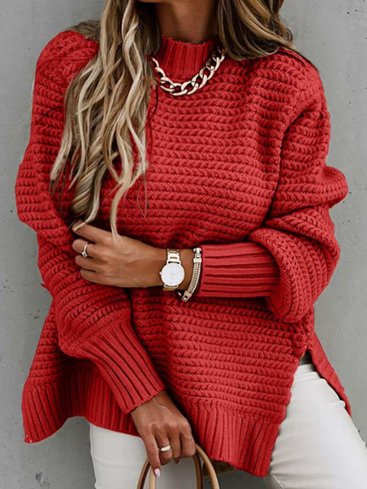 Autumn Winter Women Knitted Sweater Mock Neck Casual Loose Basic Pullovers Warm Elegant Solid Batwing Sleeve Side Split Tops alx