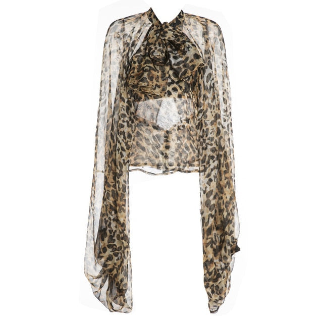 Leopard Shirt Female Chiffon Lace Up Bow Lantern Sleeve Oversize Blouse