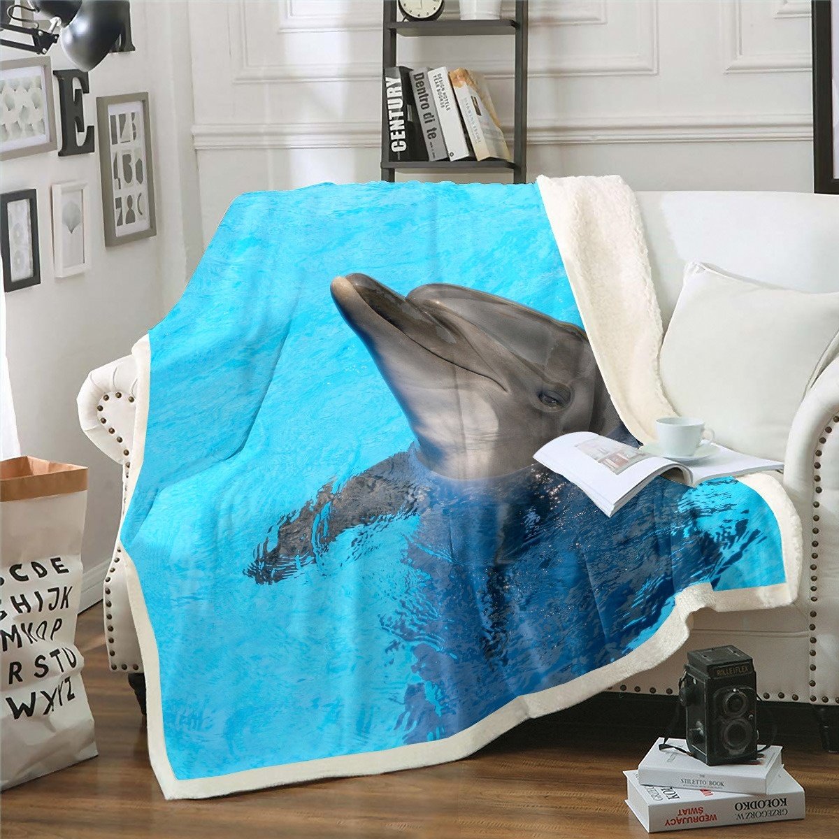 Dolphin Bed Throws for Kids Boys Teens, Underwater Sea Animal Theme Flannel Fleece Blanket Ocean Marine Life Print Throw Blanket for Couch Sofa,Baby Throw Twin Queen